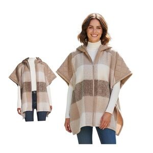 Time And Tru Plaid Stone Hooded Zipper Poncho Sweater